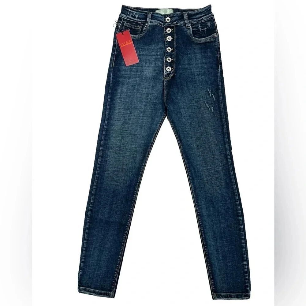 Colombian Jeans High Waisted Button fly Skinny Jeans Dark Wash Stretch Fitted 9